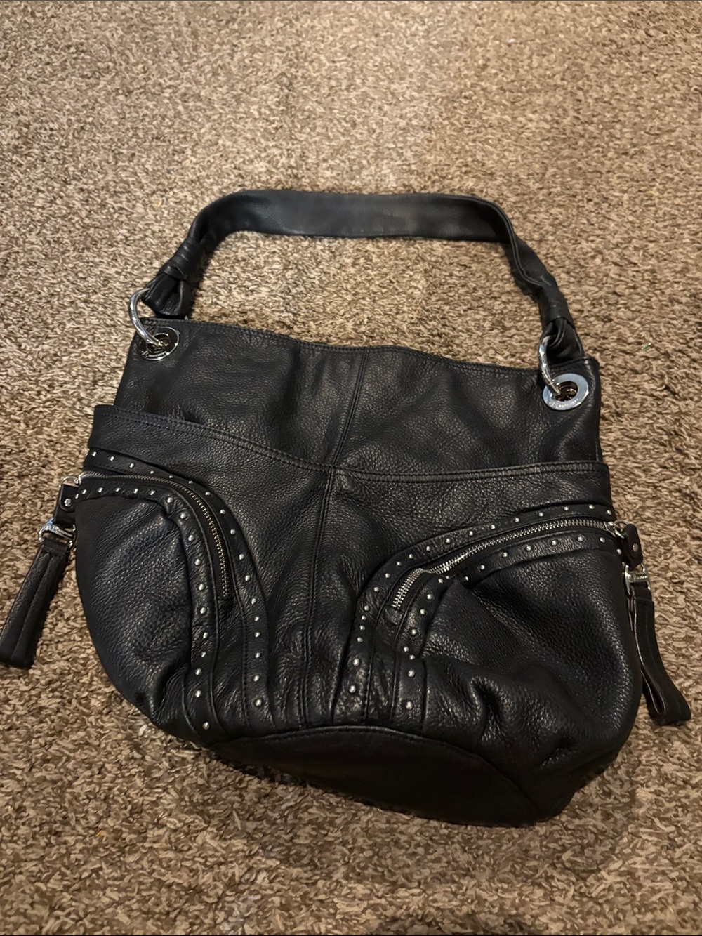 b. makowsky Black Studded Pebbled Leather Shoulder Bag